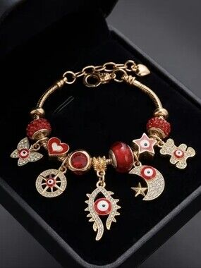 Gold Plated Red Evil Eye Themed Charm Bracelet